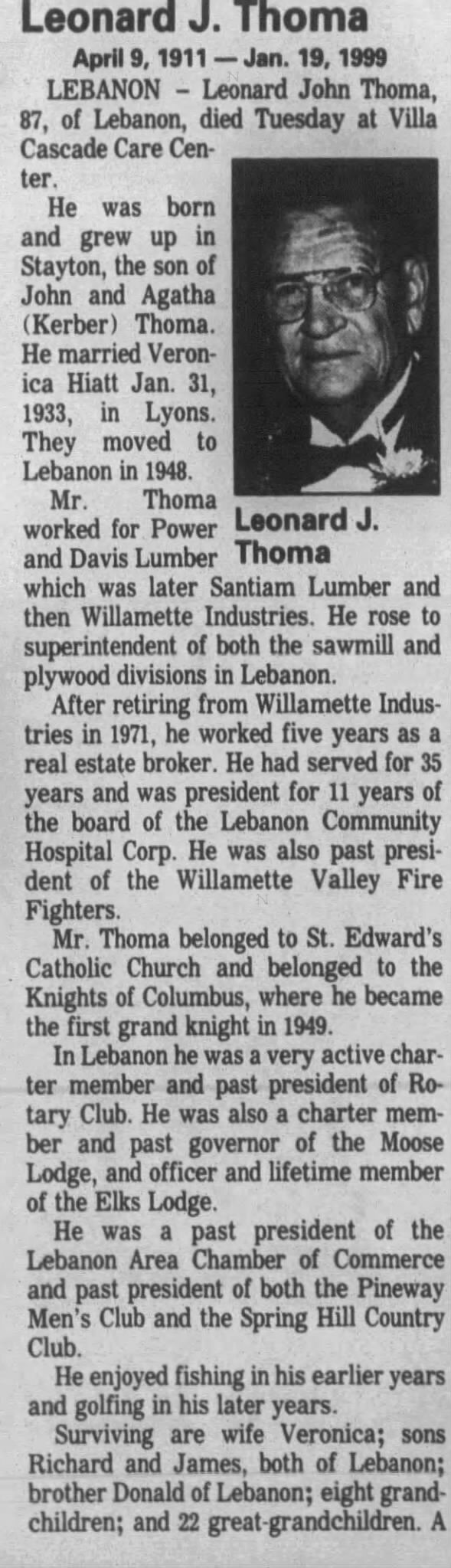 Obituary for Leonard John Thoma, 1911-1999 (Aged 87)